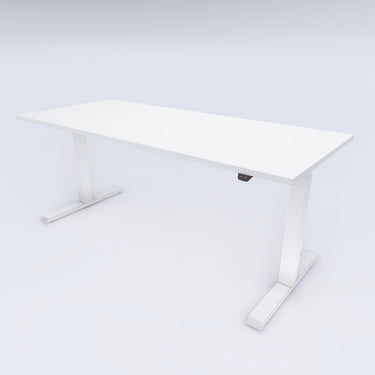 Höhenverstellbarer Schreibtisch UP 180 – Weisses Gestell mit weisser Tischplatte, Frontansicht