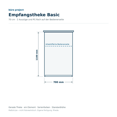 Empfangstheke gerade, 70 cm breit, weiße Front mit Ablageplatte — mann Objecta