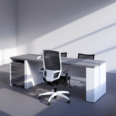 Chefbüro mit Chefschreibtisch, Bürostuhl und Besucherstühlen — Gesamtansicht